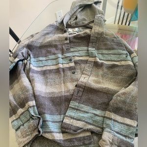 Small but could fit large or medium, hooded billabong jacket. Light weight